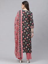 Women Teal Blue Pink Ethnic Motifs Print Cotton Kurta With Trousers Dupatta